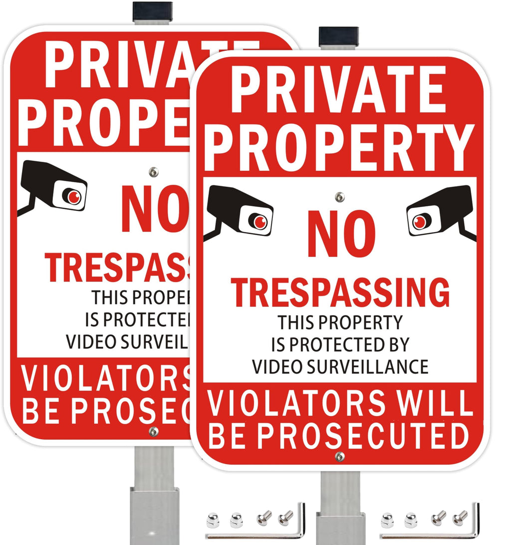 2Pack Private Property No Trespassing Signs with 36 inch Stakes, 14x10 Inches Video Surveillance Warning Sign for Home House Yard Security, Fade Resistant Aluminum 10X14" with stake