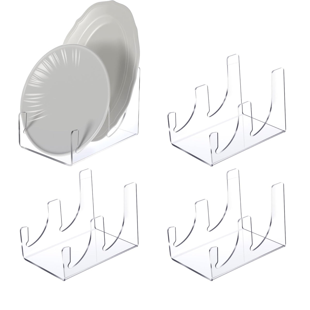 4 Pcs Plate Dinnerware Display Stand, 2-Tier China Platters Holder, Acrylic Plate Stands for Display Clear Kitchen Cabinet Organizer