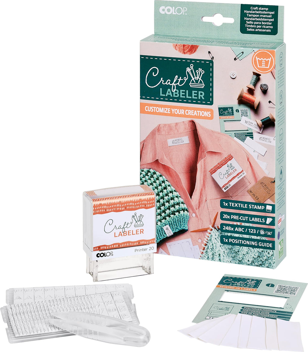 COLOP Craft Labeler Clothing Labels Stamp Kit with 20 Sew in Name Tags
