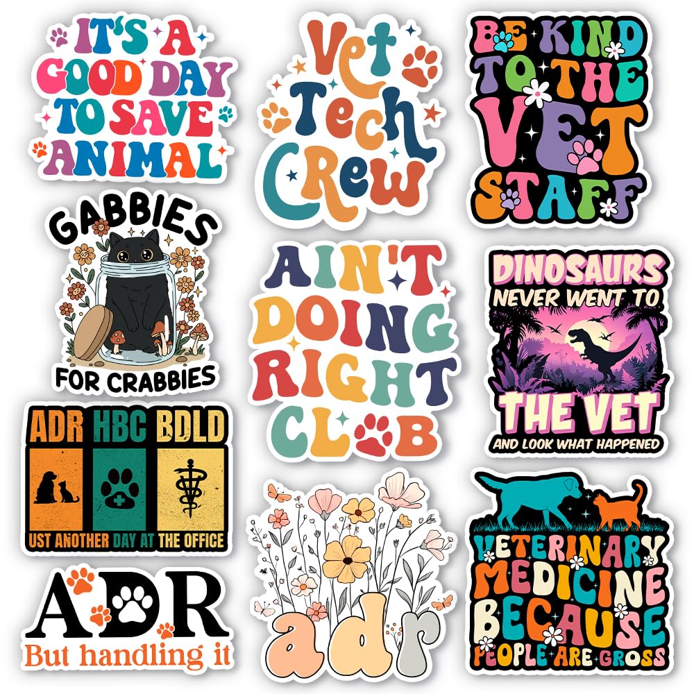 (10Pcs-3in) Funny Vet Sticker Pack, Veterinarian Sticker Decal Bundle, Veterinary Week Gift for Vet Tech Receptionist, Veterinary Medicine Decor for Laptop Tablet Planner Kindle Helmet Vehicle 64
