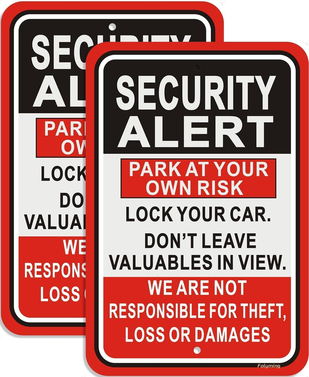 Security Alert Sign Park At Your Own Risk Lock Your Car & Don't Leave Valuables Not Responsible For Theft/Loss/Damages Signs 12x18" For Parking Lot, Business Red / Black / White Señal de Alerta de Seguridad 2 Pack