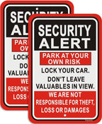 Security Alert Sign Park At Your Own Risk Lock Your Car & Don't Leave Valuables Not Responsible For Theft/Loss/Damages Signs 12x18" For Parking Lot, Business Red / Black / White Señal de Alerta de Seguridad 2 Pack