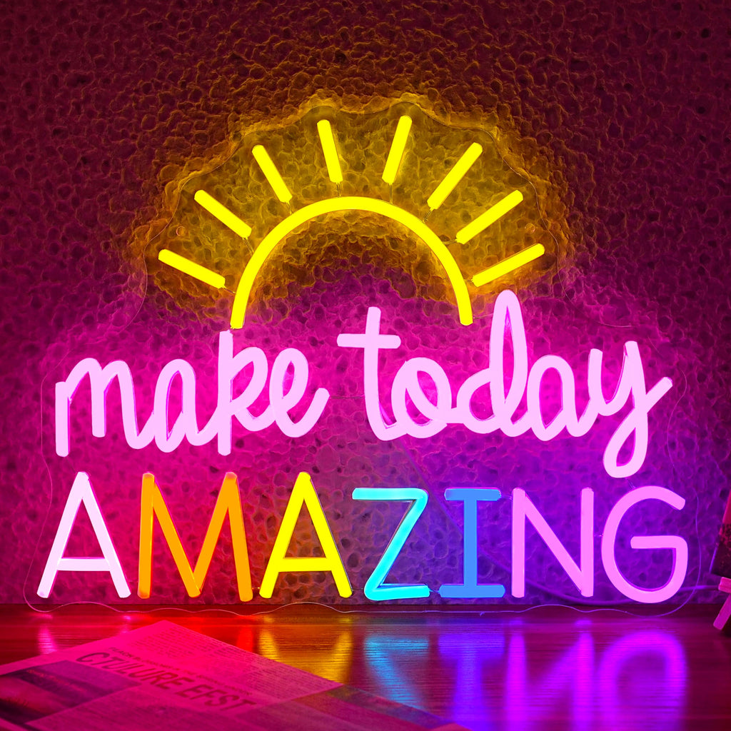 GNVETZLL Make Today Amazing Neon Sign Yellow Sunrise Neon Light Inspirational Letter Neon Light Up Sign Boho Wall Art LED Light Sign for Party Birthday Cafe Wedding Gym Half the Sun
