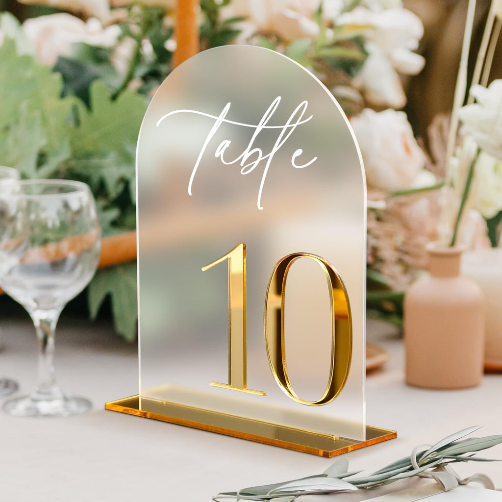 HOODO Frosted Arch Acrylic Wedding Table Numbers 1-10 with Stands, 5"x7" Arched Acrylic Signs with 3D Gold Numbers, Frosted 3D Table Numbers for Wedding Reception Frosted and Gold Font Number 1-10, 5"x7"