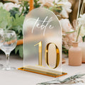HOODO Frosted Arch Acrylic Wedding Table Numbers 1-10 with Stands, 5"x7" Arched Acrylic Signs with 3D Gold Numbers, Frosted 3D Table Numbers for Wedding Reception Frosted and Gold Font Number 1-10, 5"x7"