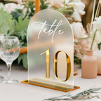 HOODO Frosted Arch Acrylic Wedding Table Numbers 1-10 with Stands, 5"x7" Arched Acrylic Signs with 3D Gold Numbers, Frosted 3D Table Numbers for Wedding Reception Frosted and Gold Font Number 1-10, 5"x7"