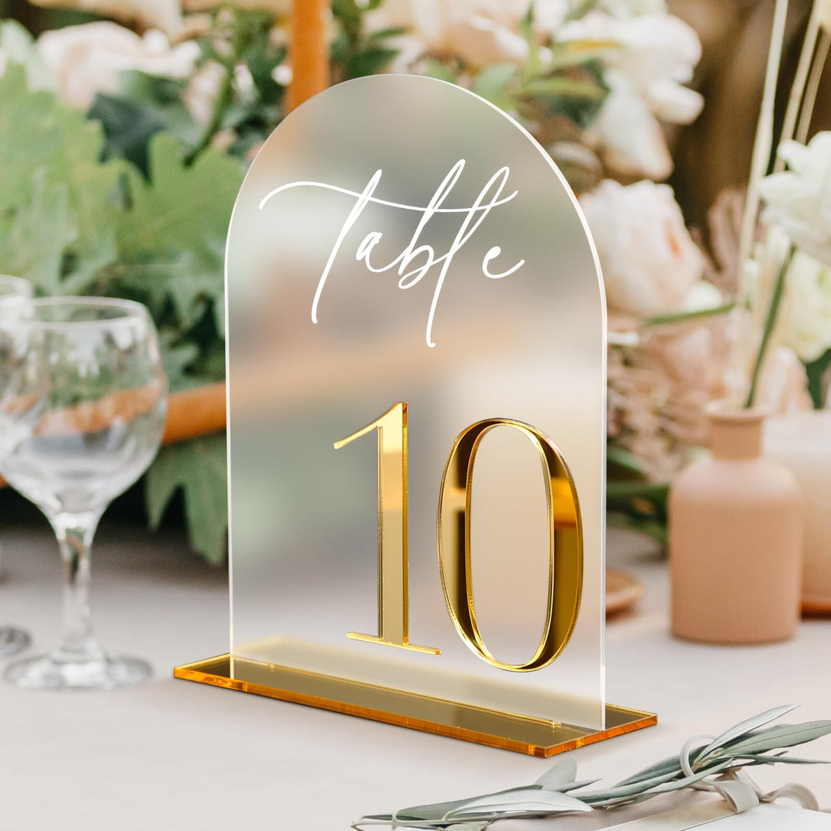 HOODO Frosted Arch Acrylic Wedding Table Numbers 1-10 with Stands, 5"x7" Arched Acrylic Signs with 3D Gold Numbers, Frosted 3D Table Numbers for Wedding Reception Frosted and Gold Font Number 1-10, 5"x7"