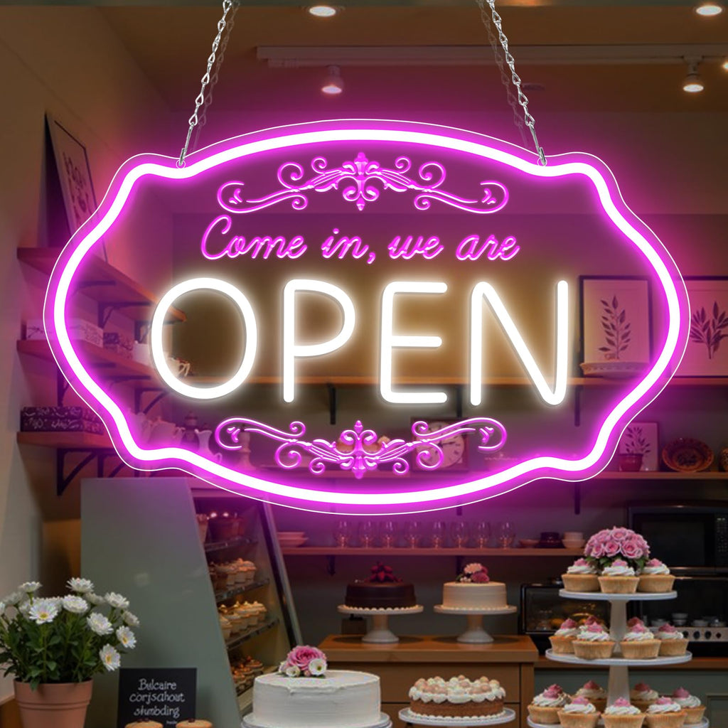 LED Neon Open Sign for Business, 16.5 x 10'' Come In, We're Open Sign, Pink & White Adjustable Brightness Neon Lights for Party, Bar, Salon, Stores, Wall Decor, Clubs, Hotels 16.5*10'' Open (Pink&White)