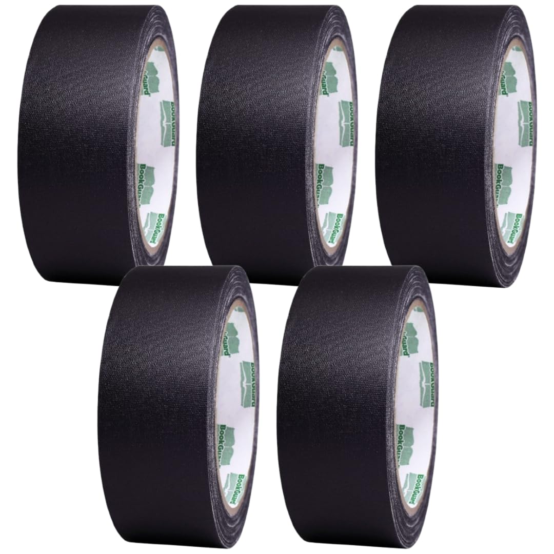 Black BookGuard 1.5-inch wide vinyl-coated cotton bookbinding tape for repair, shown rolled and ready for arts, office, or library use