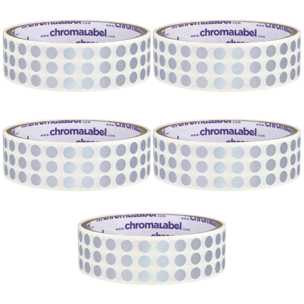ChromaLabel metallic silver 1/4 inch circle sticker labels, reflective round dots for golf club launch monitor, 1000 per roll in a pack of 5.