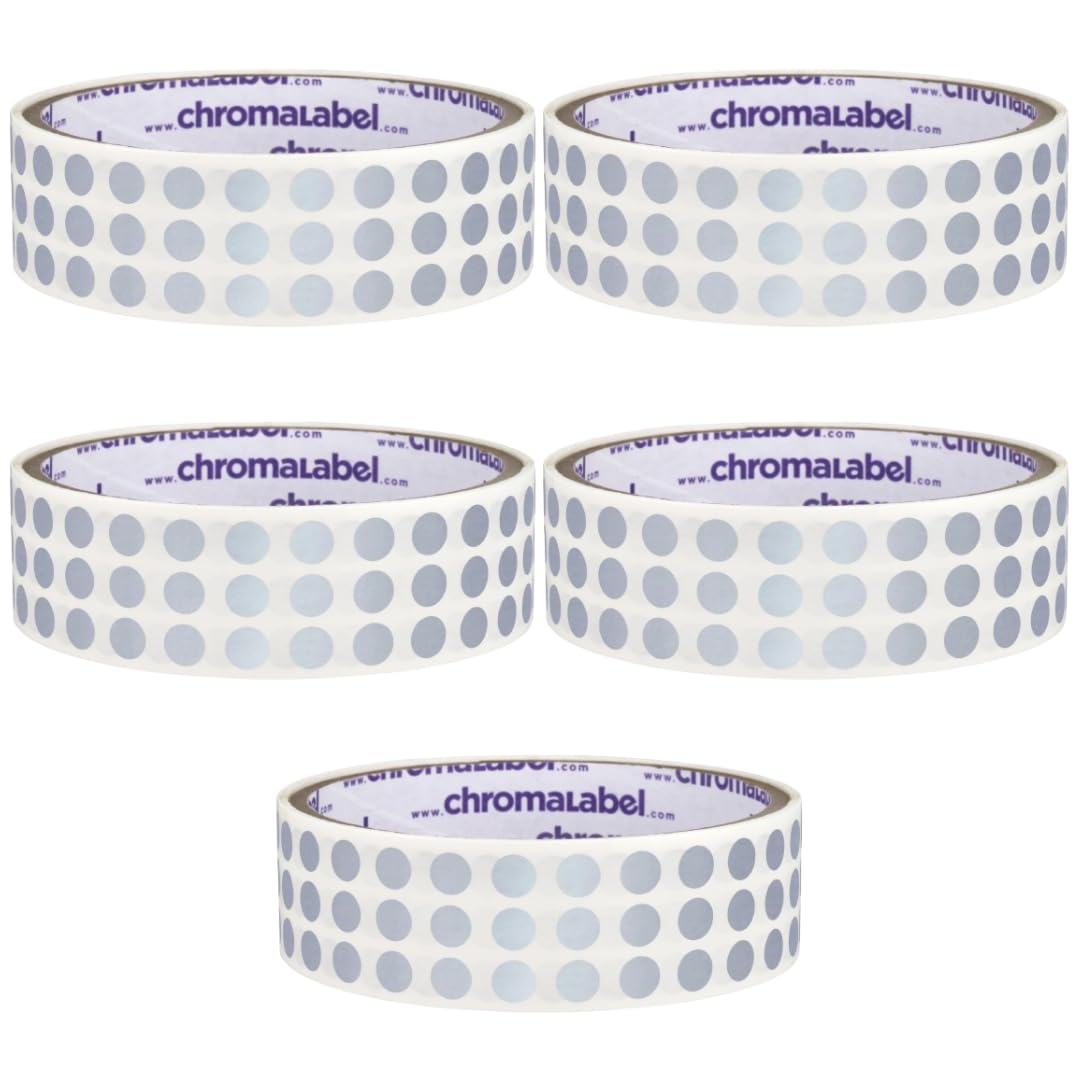 ChromaLabel metallic silver 1/4 inch circle sticker labels, reflective round dots for golf club launch monitor, 1000 per roll in a pack of 5.
