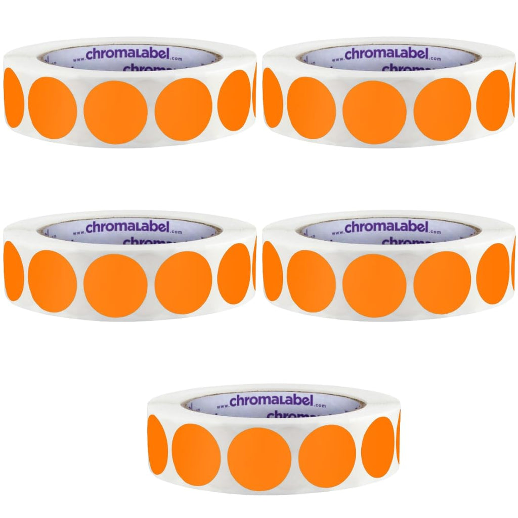 Orange ChromaLabel 1-inch circle sticker labels on a roll, colorful and easy to write on for color-coding and organization.