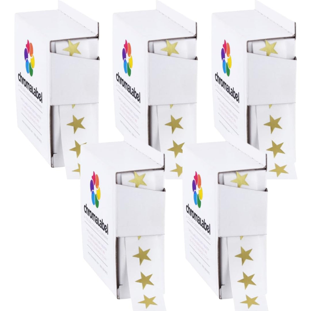 ChromaLabel 3/8 inch metallic gold star stickers, award labels, 1000 per dispenser box, pack of 5, for awards and incentives.
