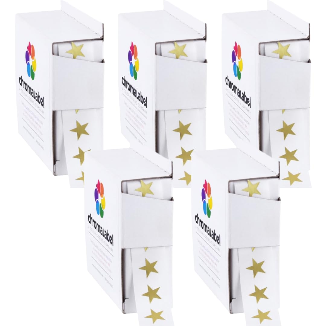 ChromaLabel 3/8 inch metallic gold star stickers, award labels, 1000 per dispenser box, pack of 5, for awards and incentives.
