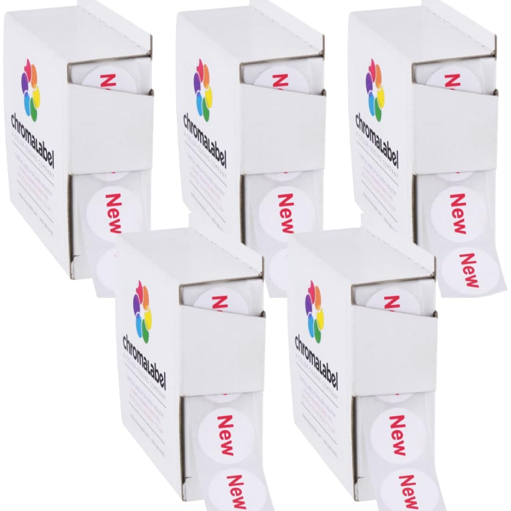 ChromaLabel 3/4 inch round removable stickers, new imprinted labels for grocery and inventory use, 1000 per dispenser box, case of 5