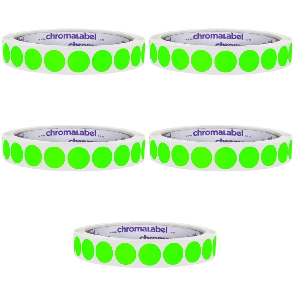 ChromaLabel 1/2 inch fluorescent green round color-coding labels, high visibility stickers, 1000 per roll, pack of 5, easy to write on