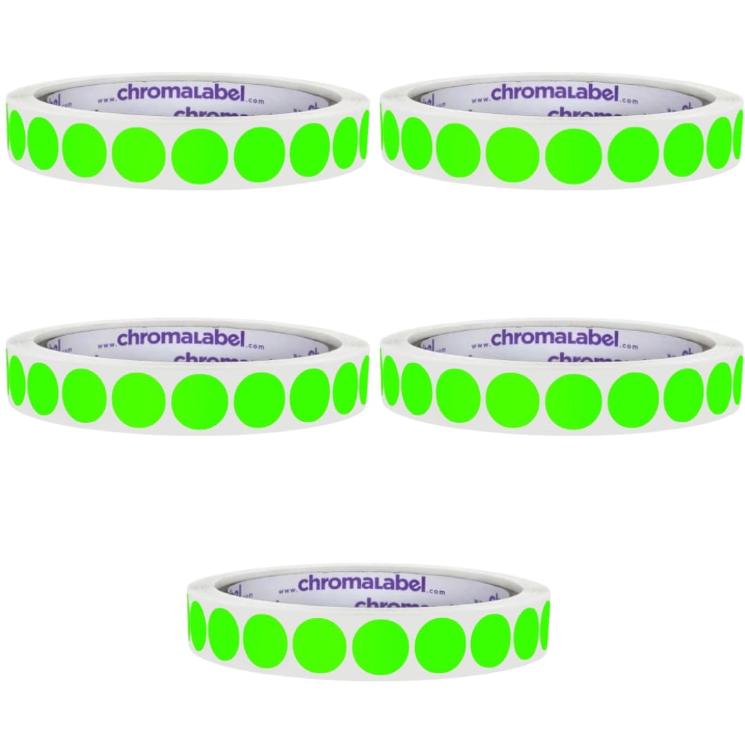 ChromaLabel 1/2 inch fluorescent green round color-coding labels, high visibility stickers, 1000 per roll, pack of 5, easy to write on