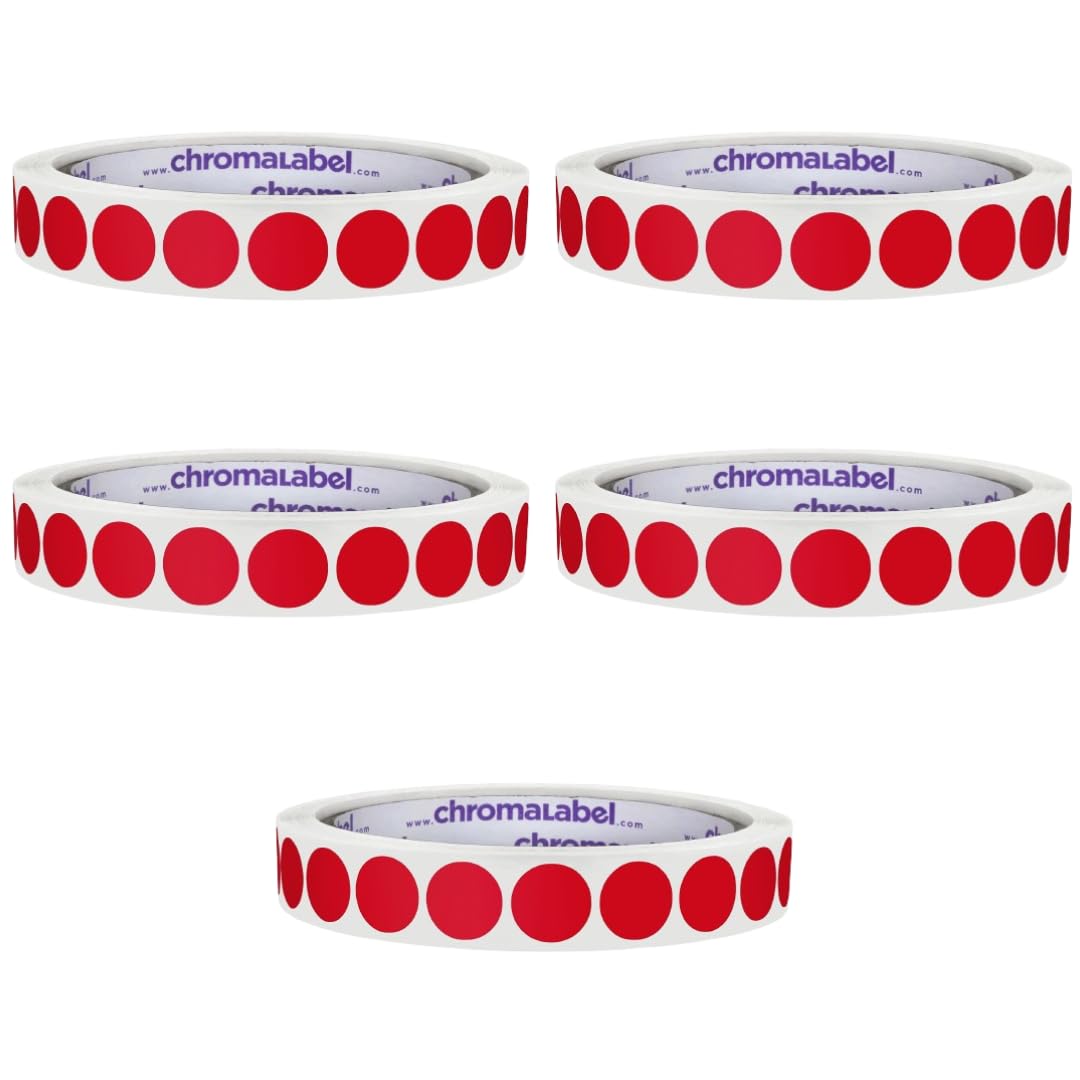 ChromaLabel red 1/2 inch circle sticker labels on a roll, easy to write on, permanent adhesive, color-coding labels, pack of 5.