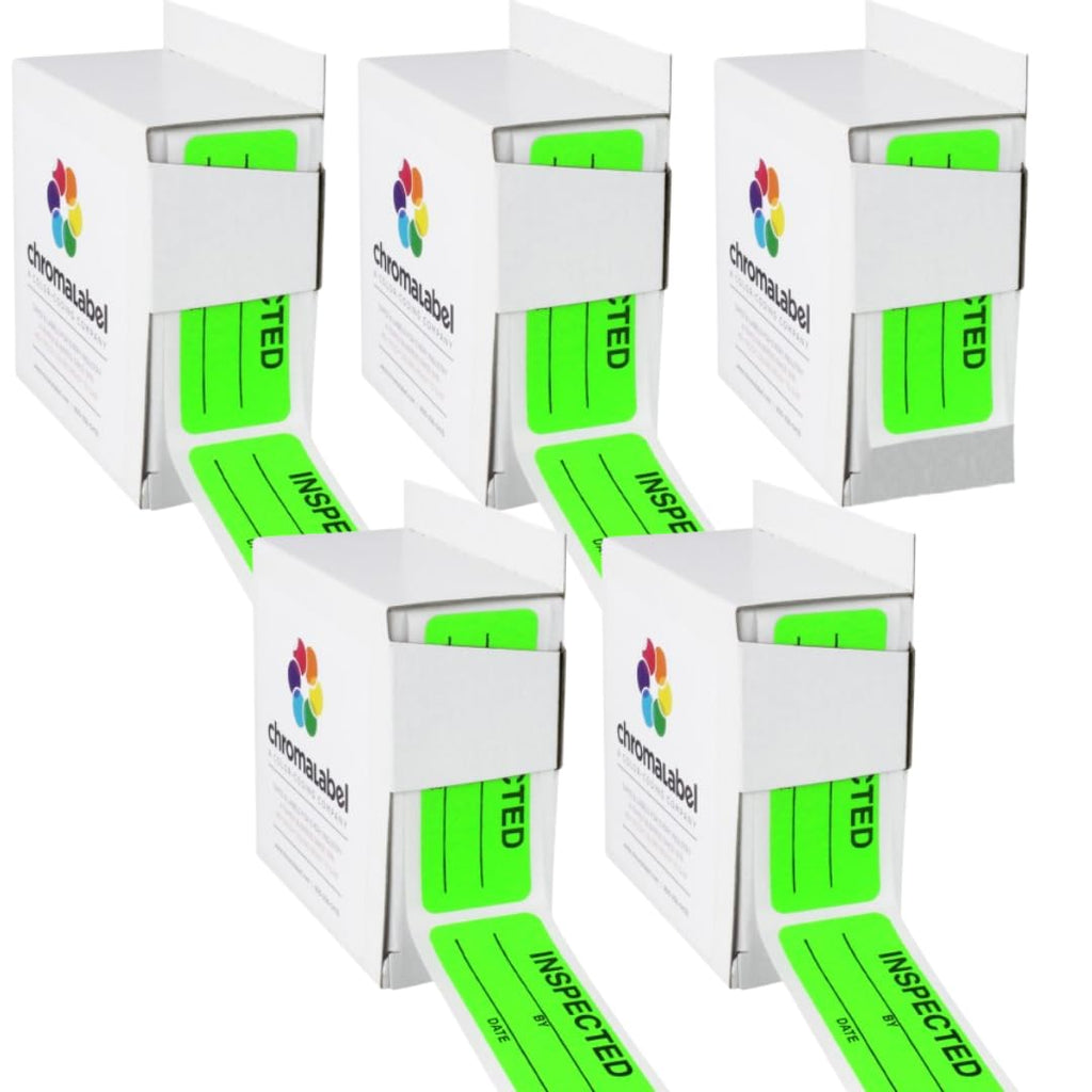 ChromaLabel fluorescent green inspection stickers, 1 x 2.25 inches, for inventory management, displayed on a dispenser box.
