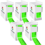ChromaLabel fluorescent green inspection stickers, 1 x 2.25 inches, for inventory management, displayed on a dispenser box.