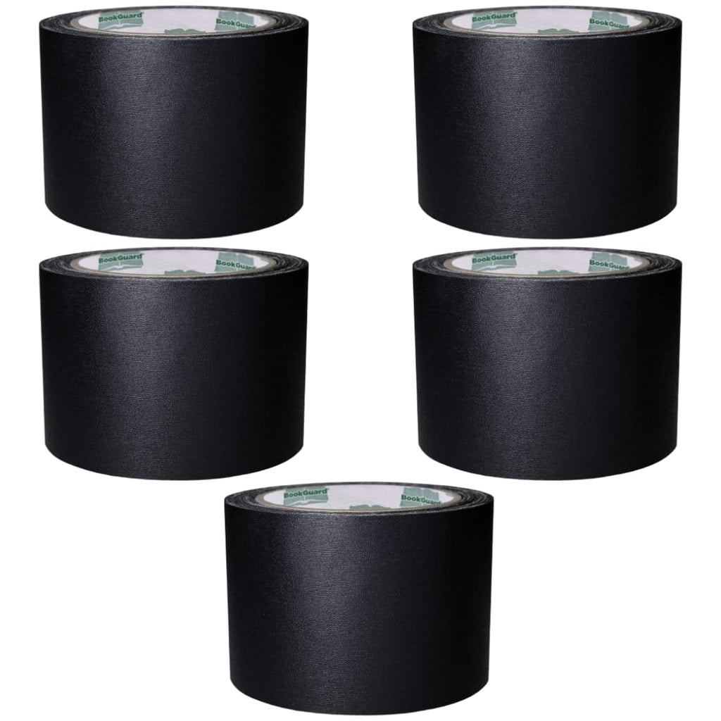 Black BookGuard 3-inch bookbinding repair cloth tape on a roll, used for reinforcing book spines, 15 yards per roll, case of 5.