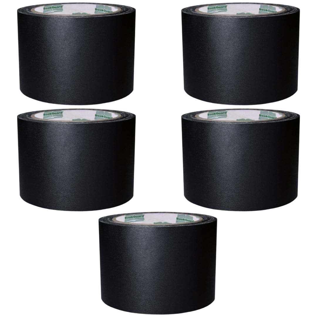 Black BookGuard 3-inch bookbinding repair cloth tape on a roll, used for reinforcing book spines, 15 yards per roll, case of 5.
