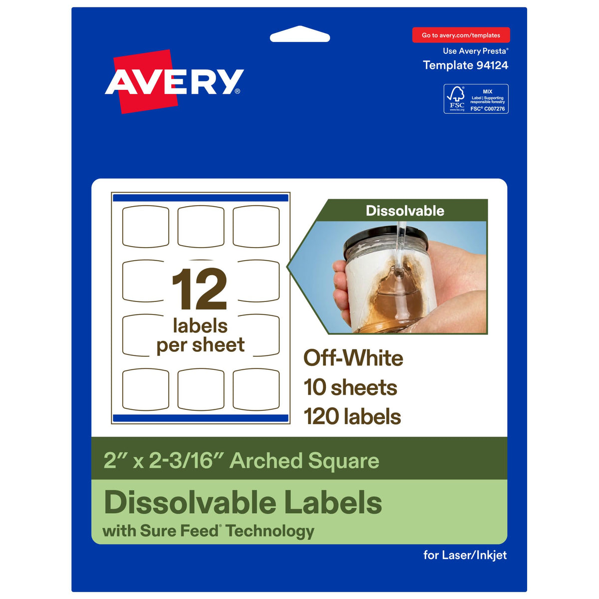 Avery Dissolvable Arched Square Labels, Sure Feed Technology, 2" x 2-3/16", Matte White, Print-to-The-Edge, Laser/Inkjet Printable, 120 Labels Total
