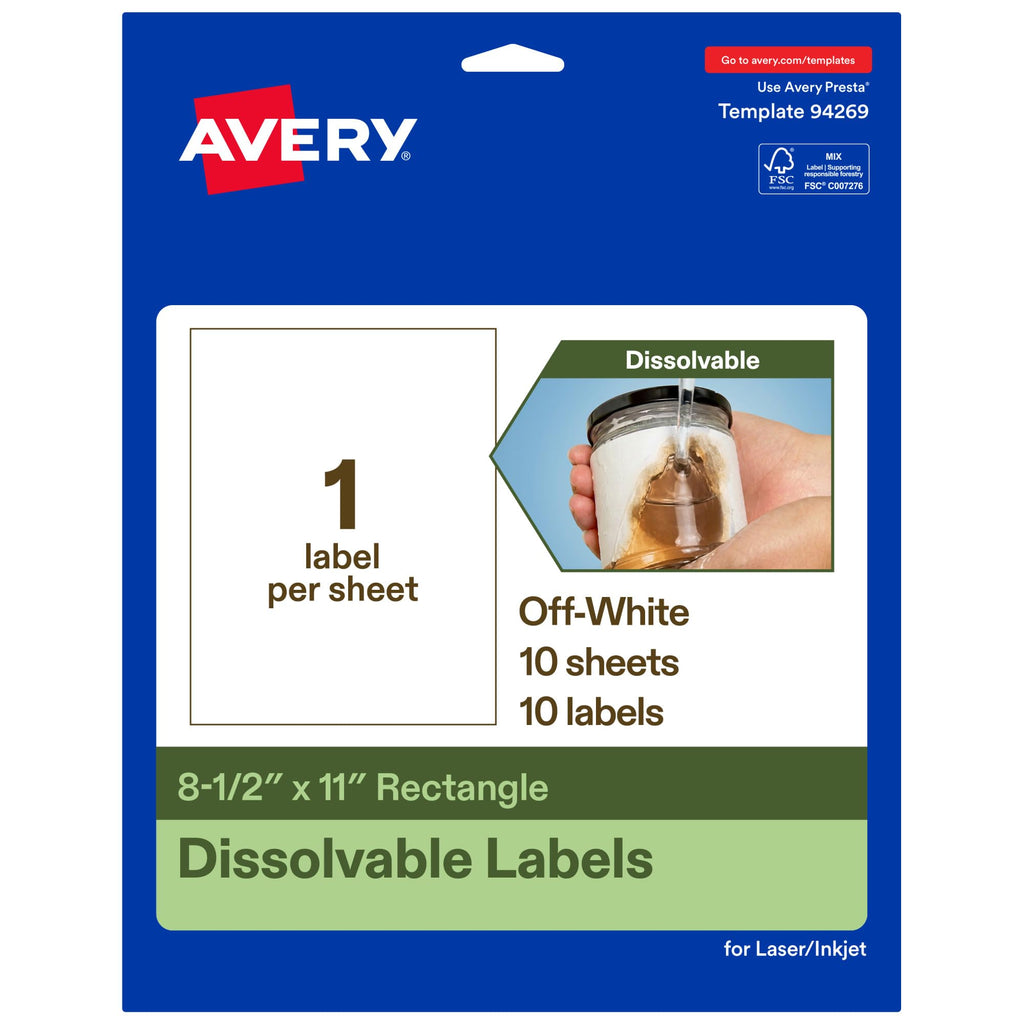 Avery Dissolvable Rectangle Sticker Paper, 8.5" x 11", Matte White, Laser/Inkjet Printable, 10 Labels Total, Freezer-Safe, Microwave-Safe, Refrigerator-Safe