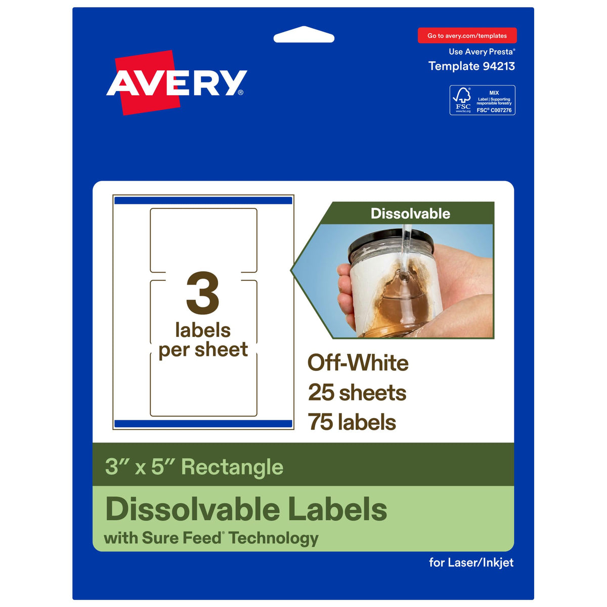 Avery Dissolvable Rectangle Labels, Sure Feed Technology, 3" x 5", Matte White, Print-to-The-Edge, Laser/Inkjet Printable, 75 Labels Total