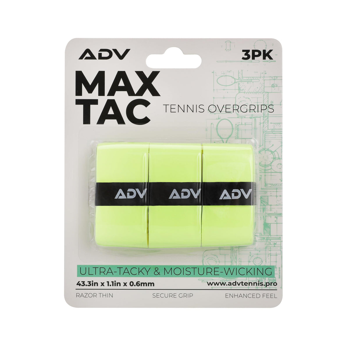 ADV MaxTac Tacky Tennis Overgrip - 3 Pack - Extremely Sticky Non-Slip Tennis Grips Overgrip - Razor-Thin & Easy to Use Pro Tennis Racquet Grip Tape (3-Pack Volt) 3-Pack Volt