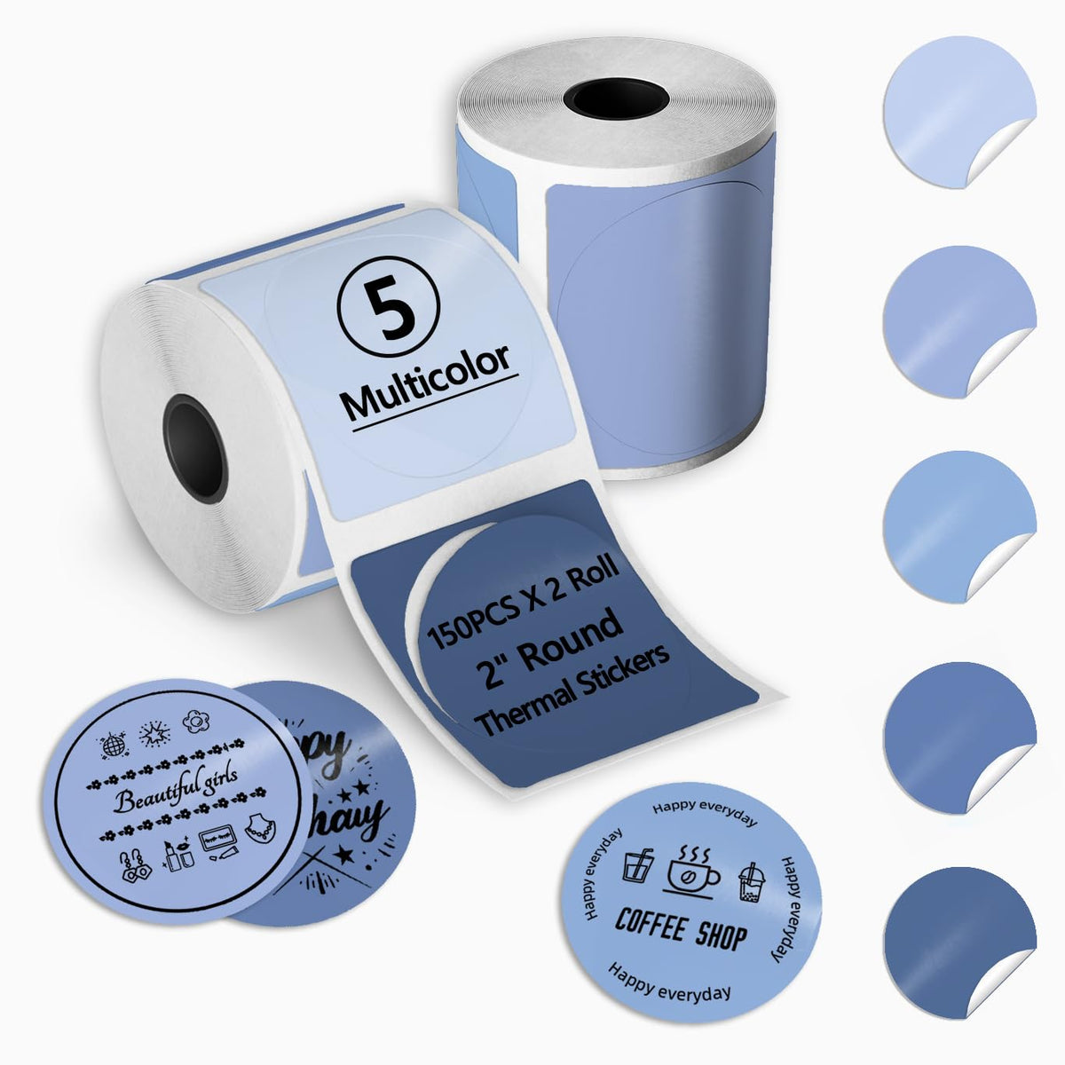 300PCS 2 Inch Circle Thermal Sticker Paper for Label Printer, Blue Series Multicolor Blue 150PCS/Roll