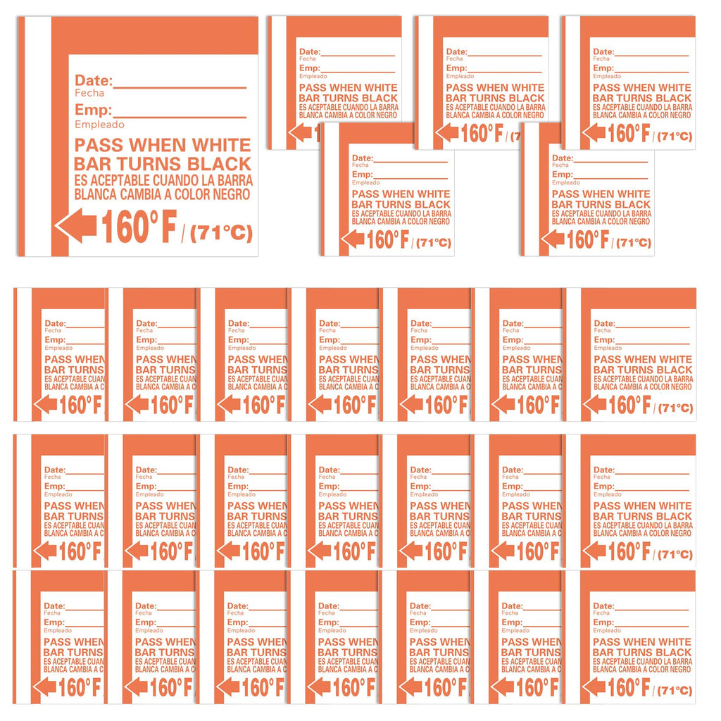 Relaxweex dishwasher temperature test strips showing waterproof adhesive stickers for heat testing at 160°F in commercial and home dishwashers.