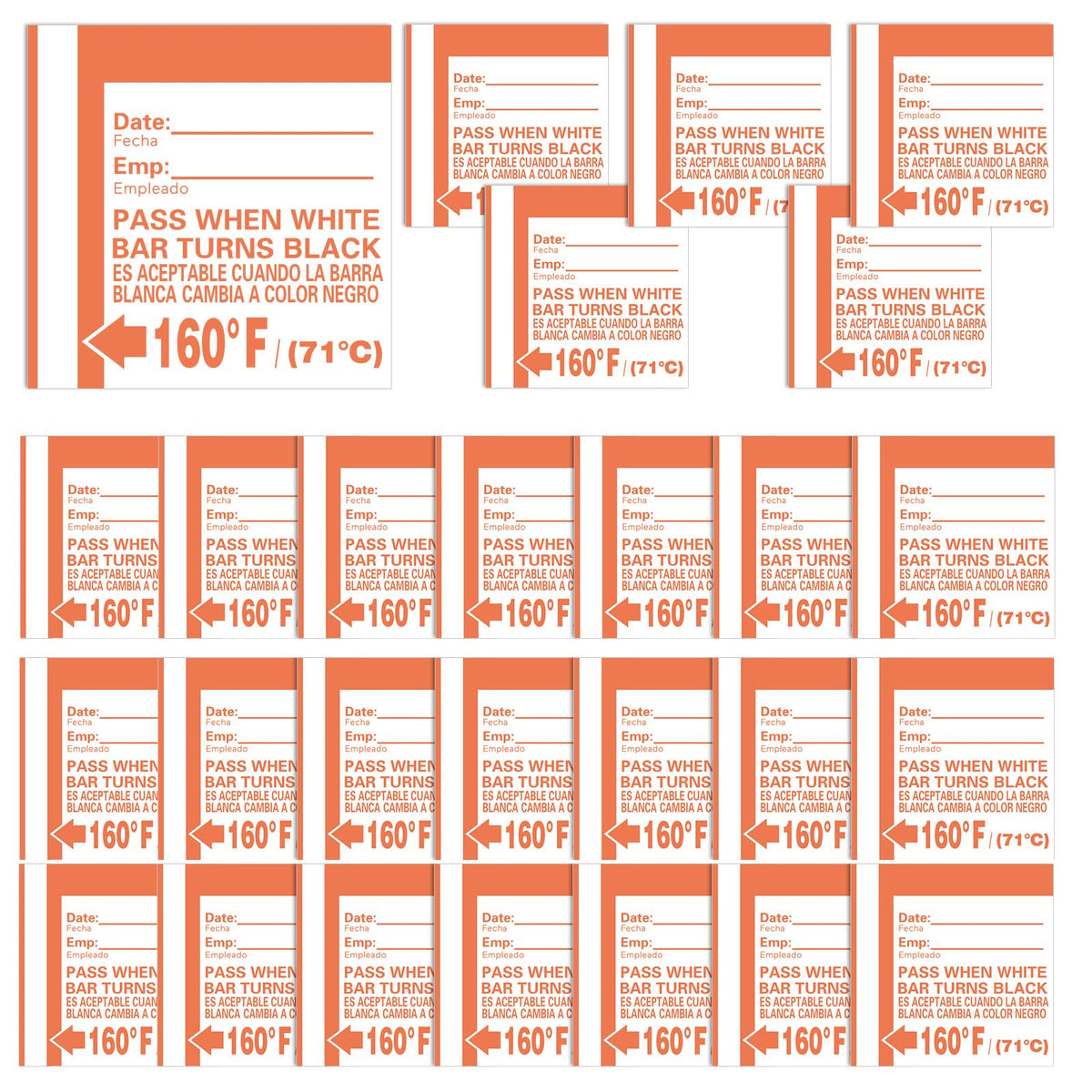 Relaxweex dishwasher temperature test strips showing waterproof adhesive stickers for heat testing at 160°F in commercial and home dishwashers.