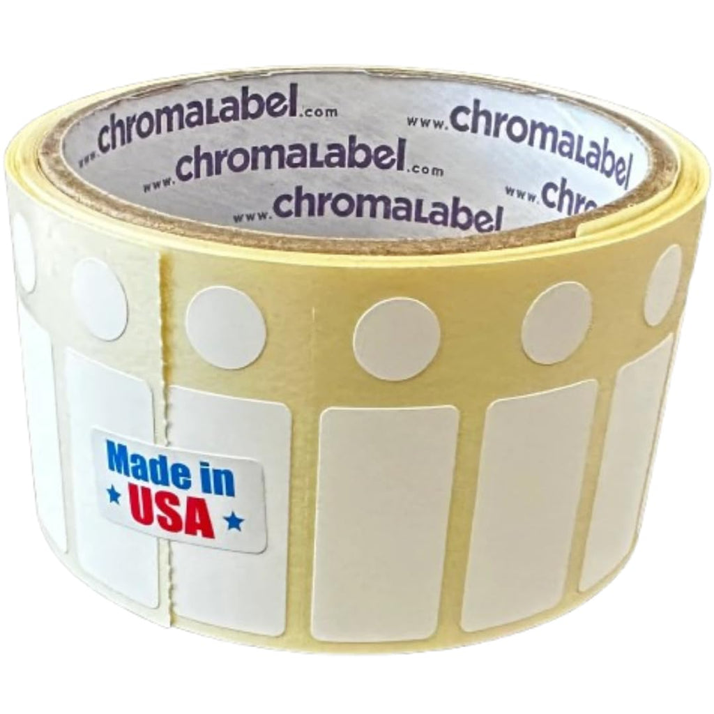 ChromaLabel ChromaCryo industrial laboratory labels for cryogenic research, featuring rectangle and circle designs on a roll.