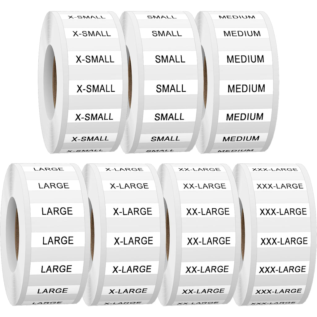 1.25"x5" 1750 Pcs Clear Tshirt Size Stickers Strips for Clothing, XS-XXXL 7 Rolls