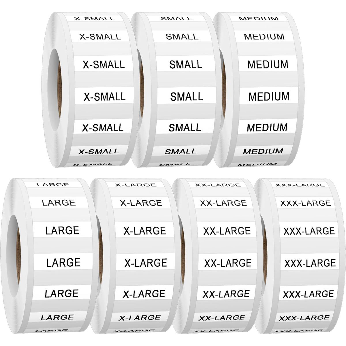 1.25"x5" 1750 Pcs Clear Tshirt Size Stickers Strips for Clothing, XS-XXXL 7 Rolls