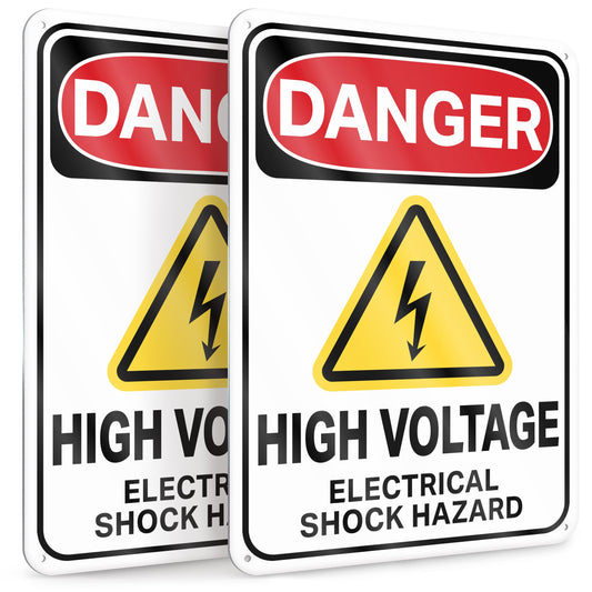 High Voltage Sign 2 Pack, 7x10 Reflective Aluminum Danger Warning Signs for Property, Electrical Shock Hazard, Indoor Outdoor Use Reflective High Voltage