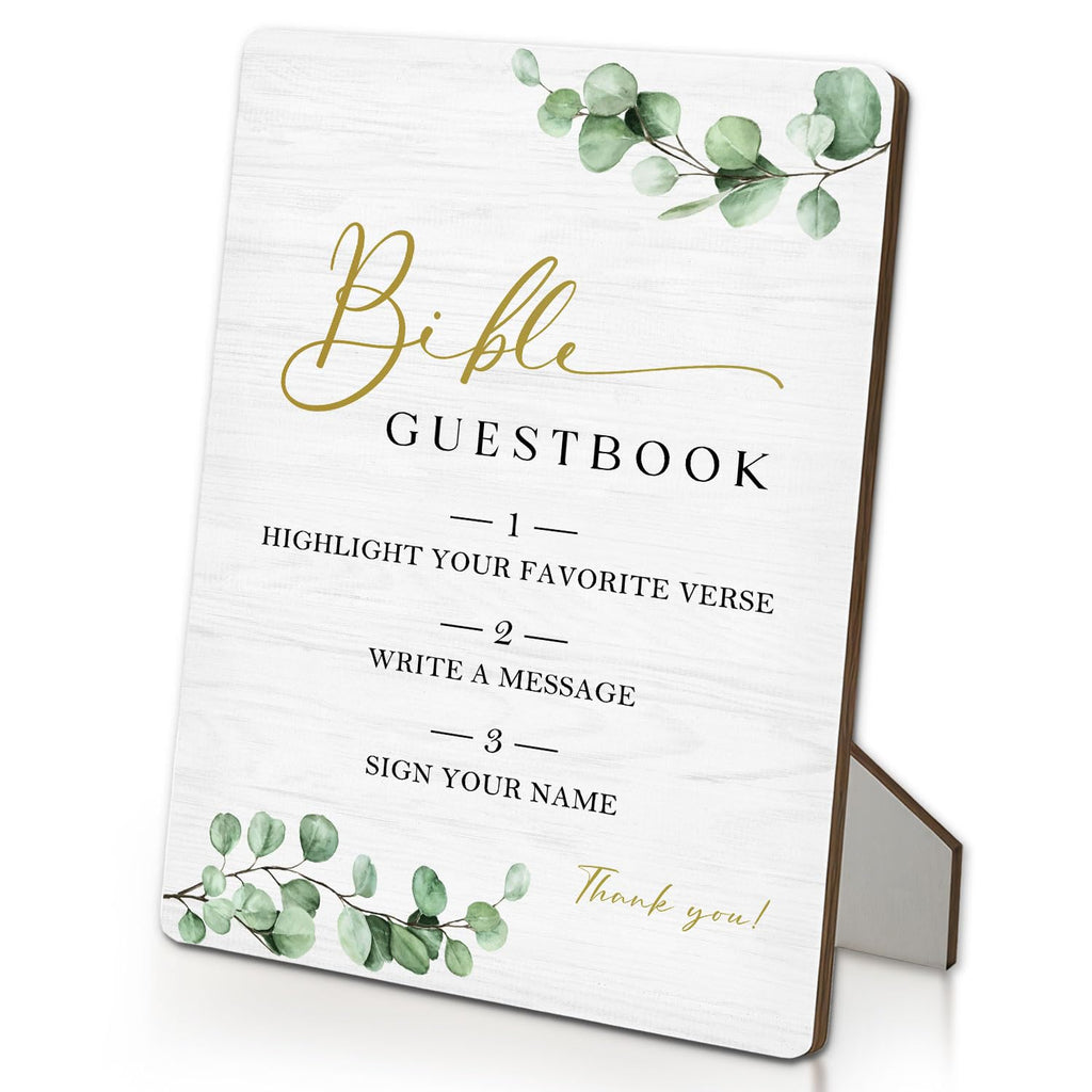 Bible Guest Book Sign 5"X7", Wedding Bible Guest Book Wooden Stand Sign, Wedding Table Decor for Ceremony & Reception (Green Leaves, 5x7 Inch) 5"X7" Green Leaves