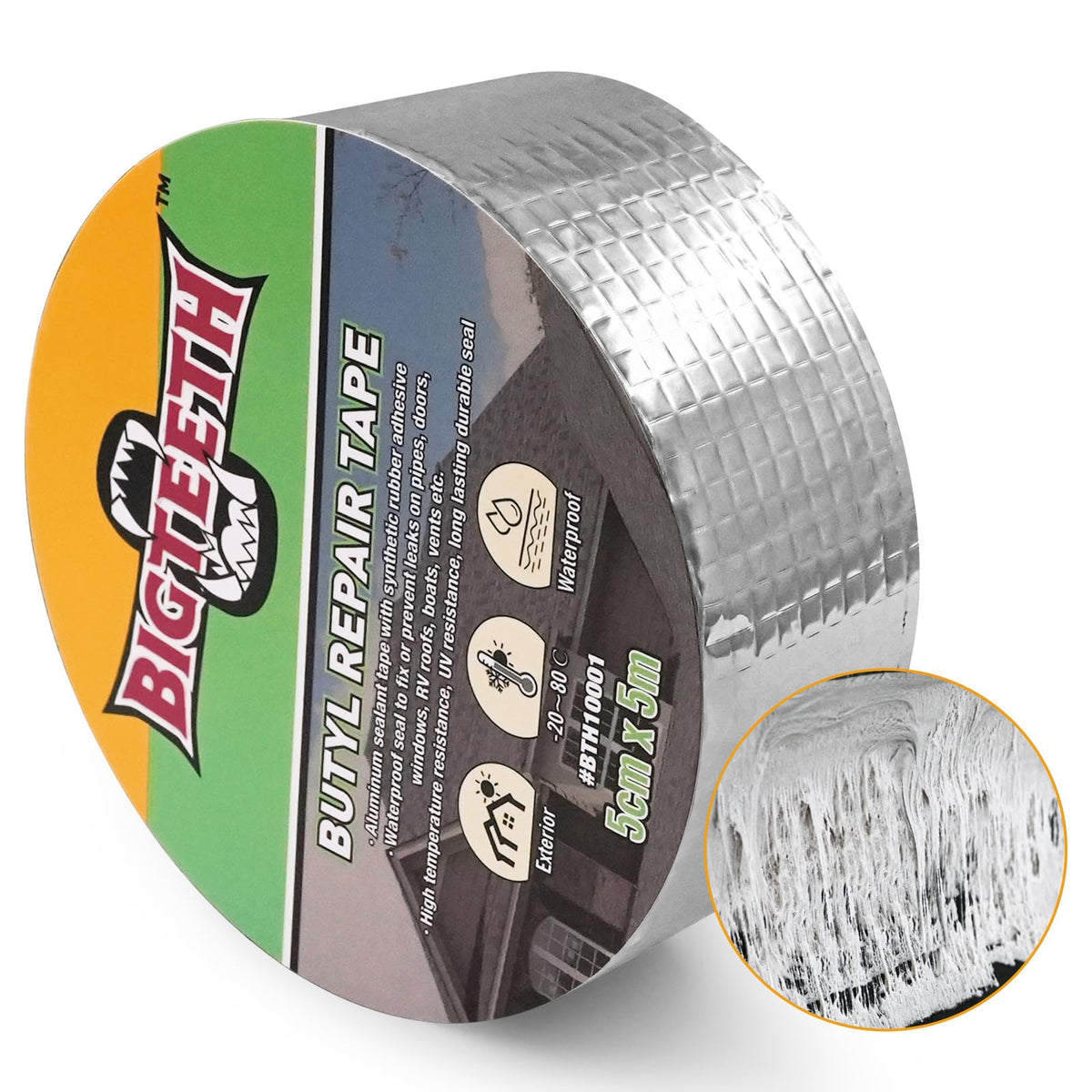 BIGTEETH Aluminum Waterproof Butyl Repair Tape - 2 inch x 16 feet for Pipes, Doors, Windows, RV Roofs, Boats, Vents, etc