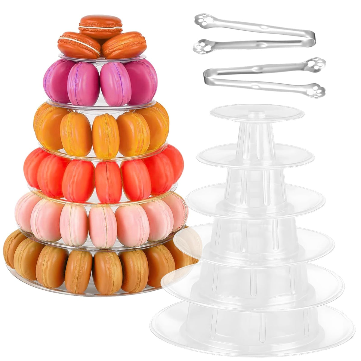 OMISTAR 2 PCS 6-Tier Clear Macaron Display Stands, Plastic Macaron Tray Tower with Stainless Steel Serving Tongs, Transparent Cupcake Dessert Stand for Weddings, Birthday Parties, Bakeries Clear,6-Tiers