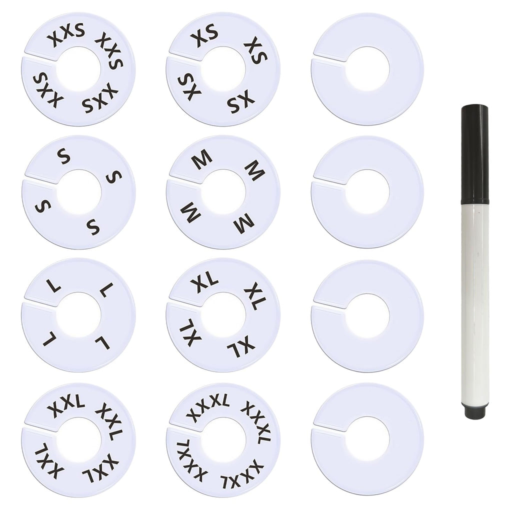 13 Pcs Clothing Rack Size Dividers Round White Plastic Size Markers for Clothing Rack Pre-Labeled (XXS-XXXL) & Blank Dividers & Erasable Pen for Closet, Retail Store, Wardrobe 13 Pcs