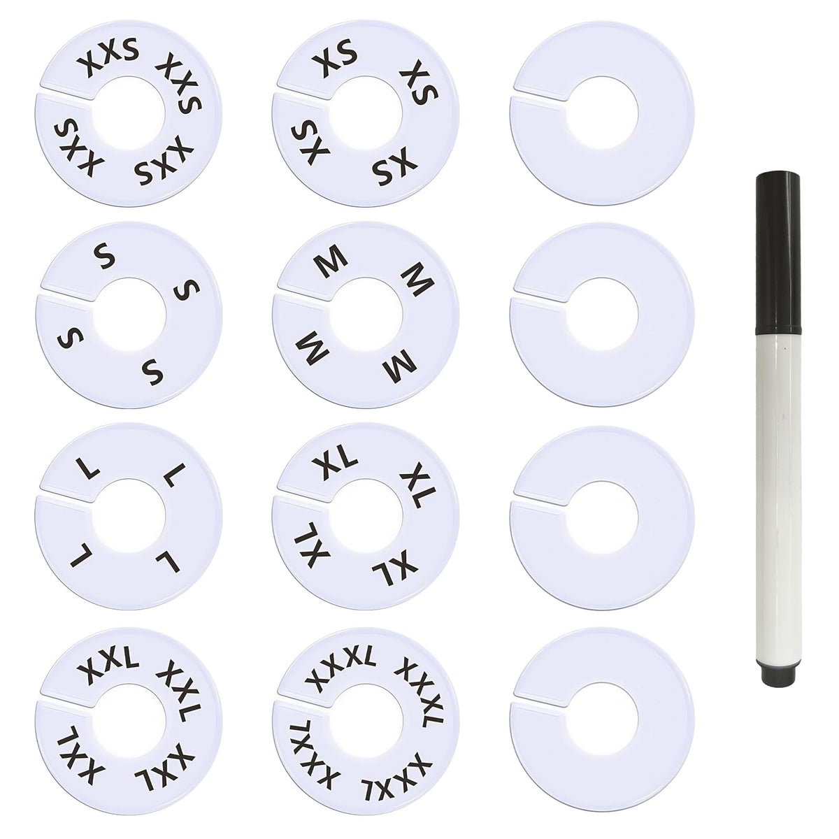 13 Pcs Clothing Rack Size Dividers Round White Plastic Size Markers for Clothing Rack Pre-Labeled (XXS-XXXL) & Blank Dividers & Erasable Pen for Closet, Retail Store, Wardrobe 13 Pcs