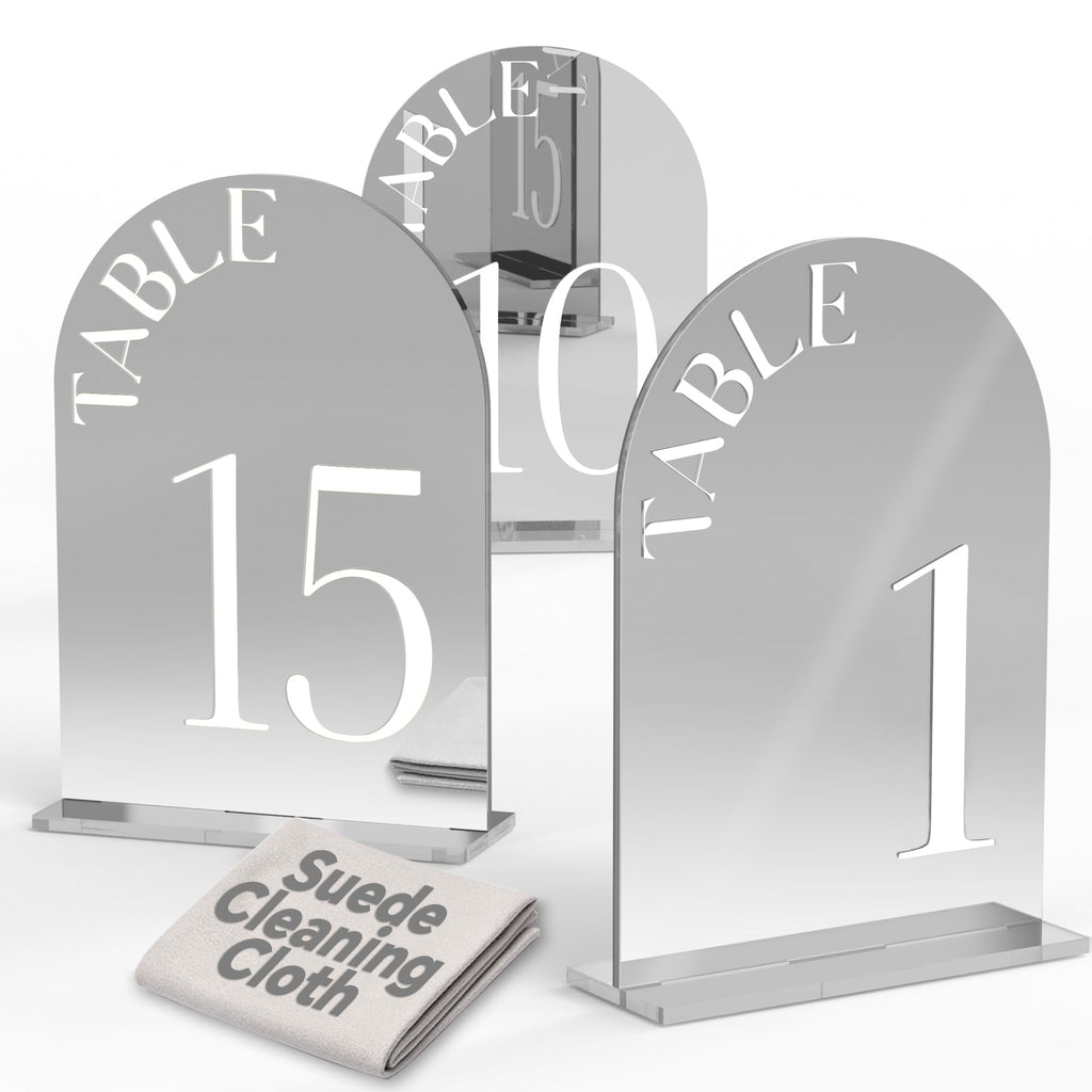 Silver Mirror Arched Table Numbers 1-15 with Stands 5"x7" Double-sided Font Silver