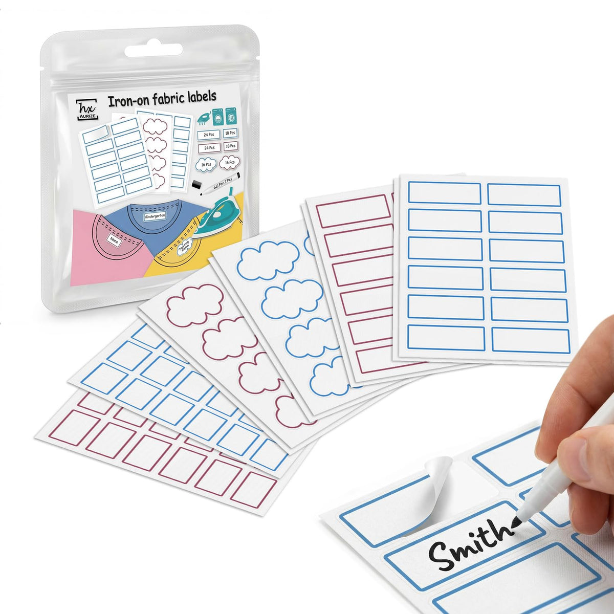 HX AURIZE Write-On Iron-On Labels for Clothing, 116 Pcs (Berry & Sky) Berry & Sky