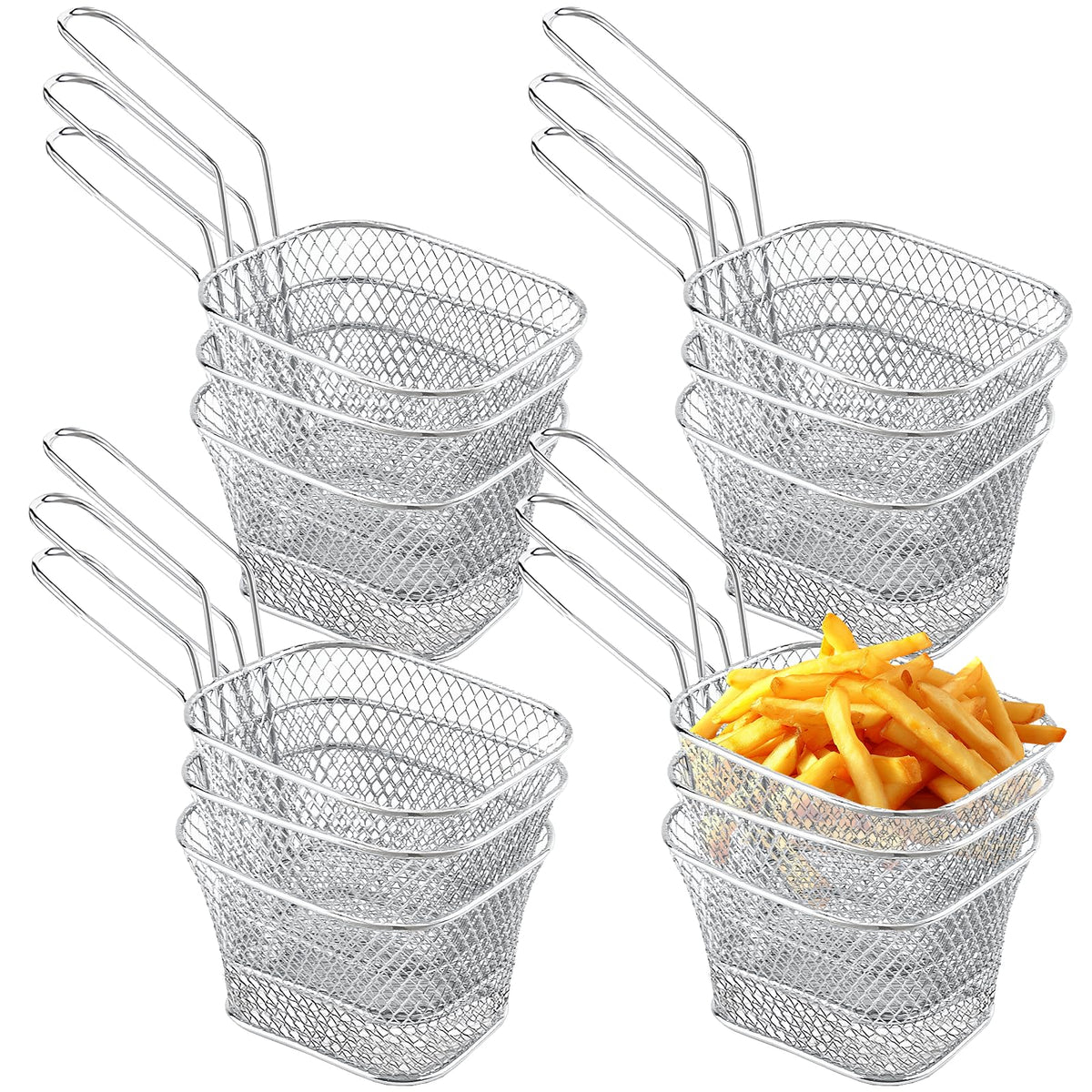 12 Pcs Mini Square Fry Basket Bulk Stainless Steel French Fry Holder Food Baskets for Serving Fryer Container with Handle Reusable Small Deep Fryer Holder for Home Kitchen Decor (Silver)