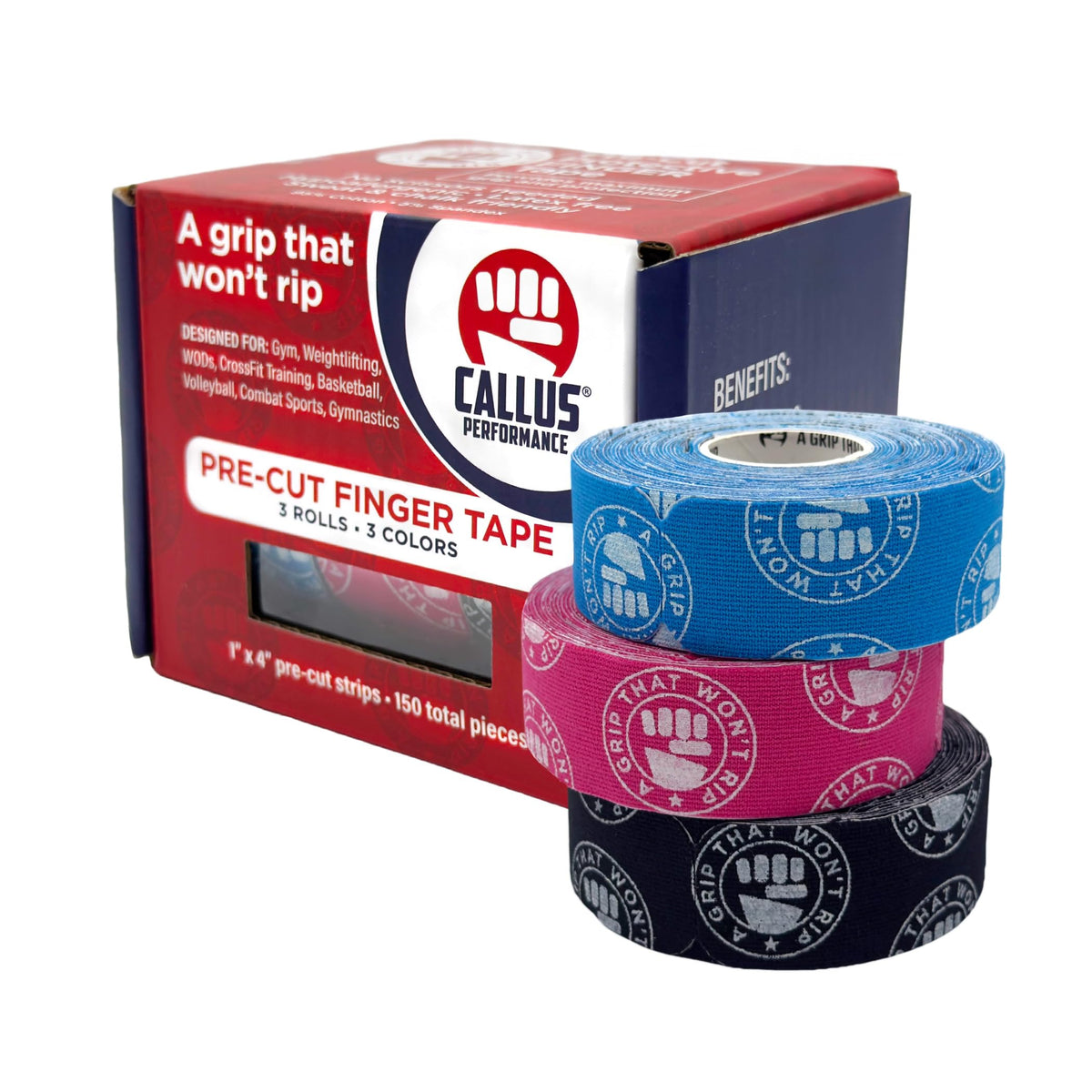 Pre-Cut Finger Tape (1x4") – Slim Hook Grip Tape for Weightlifting, Gymnastics & Rock Climbing – Flexible, Sweat-Proof & No-Residue Adhesive – 3-Pack, 150 Strips Total Athletic Finger Tape