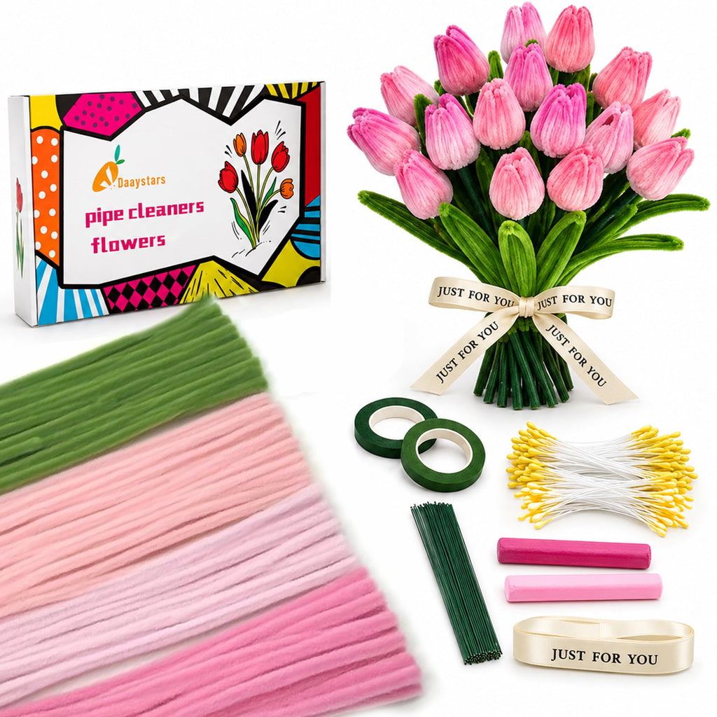Quaystars 400Pcs Pipe Cleaners Bulk for Crafts - Tulip Flower Making Kit with Chenille Stems, Wire & Tape - DIY Arts and Crafts Supplies for Adults, Gift (Green, Pink)