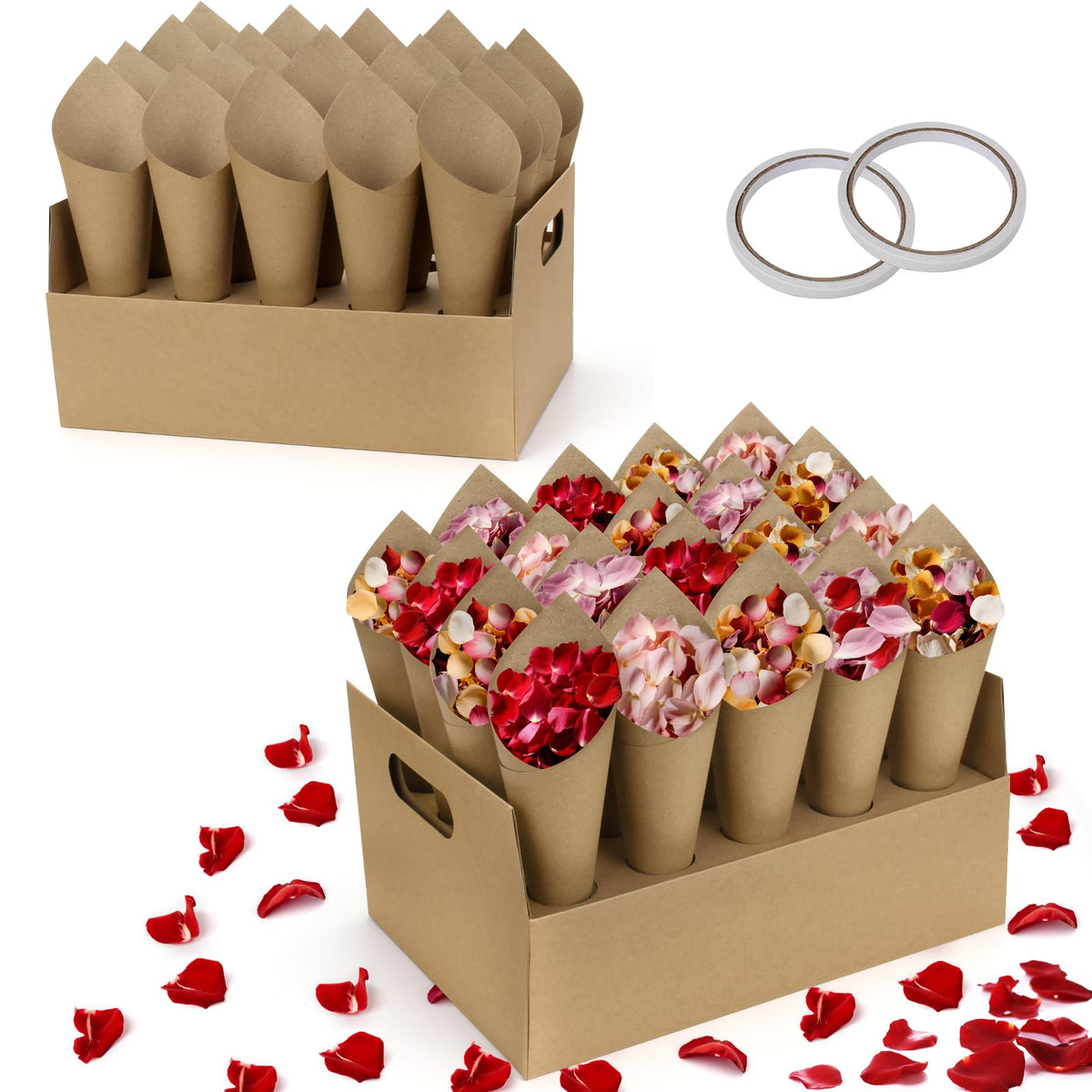 2 Set Wedding Paper Cone Stand Box, 2 Party Cardboard Cone Holders Trays of 20 Holes Each with 40 Kraft Cone Paper for Wedding, Party, Celebration, Decoration