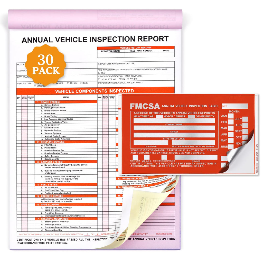 30 Pack Annual Vehicle Inspection Report Forms & 30-Pk Red Aluminum FMCSA Adhesive Labels/Stickers, 3-Ply Carbonless Inspection Sheet Book with Hardboard, DOT Compliant
