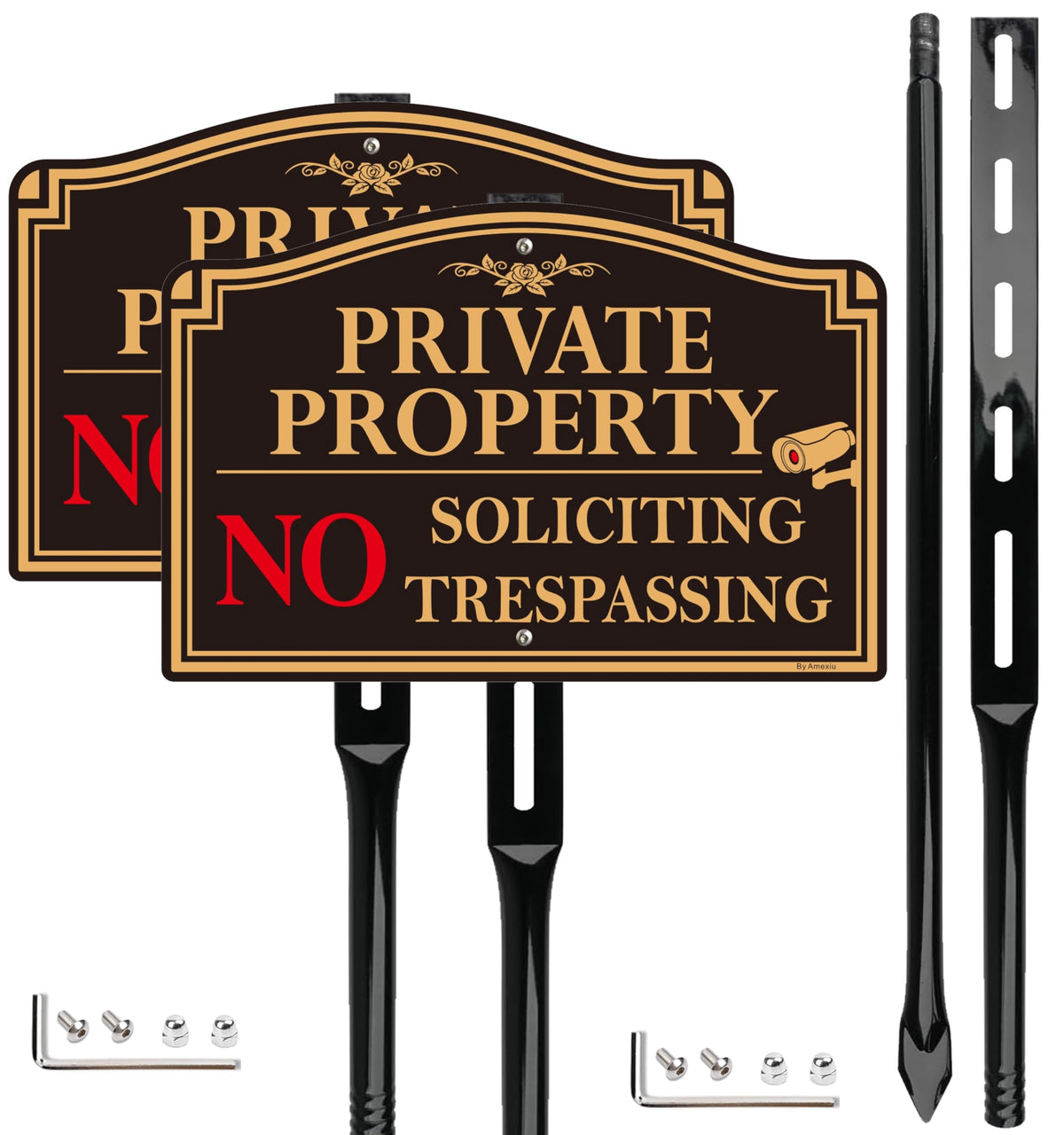 2Pack Private Property No Trespassing Sign with 36" Tall Metal Stake, 12" x 8" No Soliciting Sign Aluminum, Easy Installation, Rust-Free& Fade Resistant 12X8" +36" Stake
